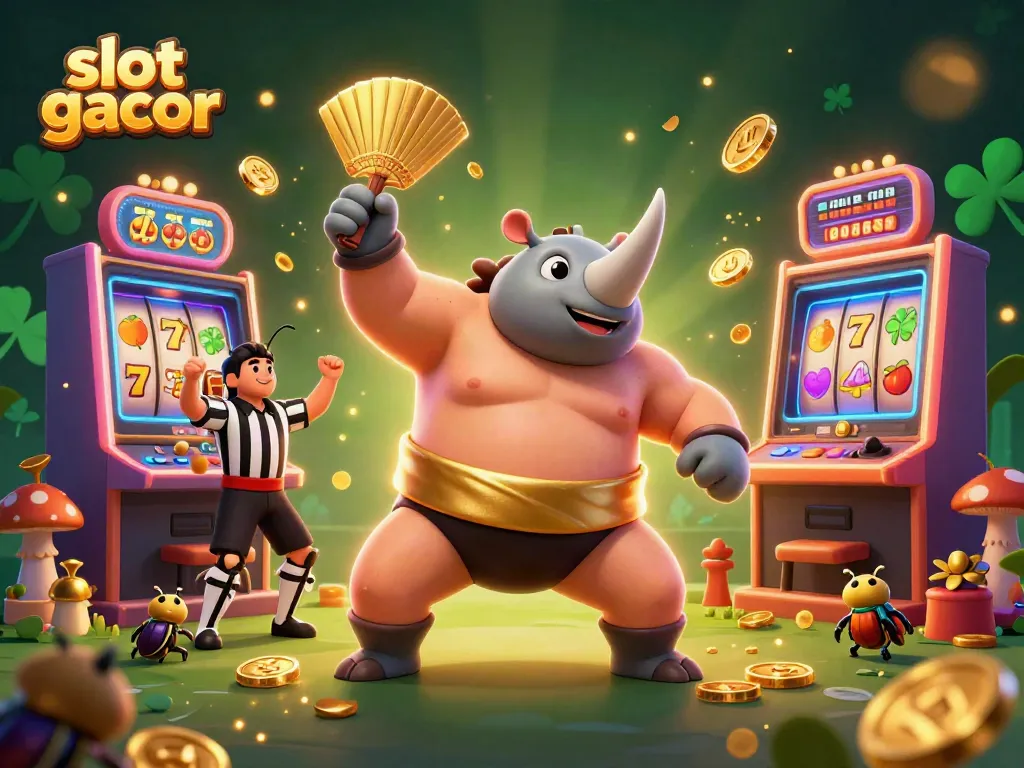 Experience the thrill of slot gacor with a cartoon beetle champion surrounded by golden coins and slot machines.