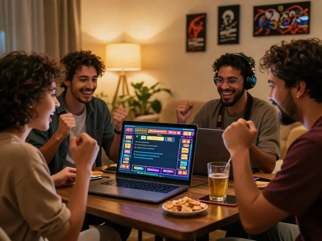 Friends enjoying akunjp online gaming together with excitement and snacks