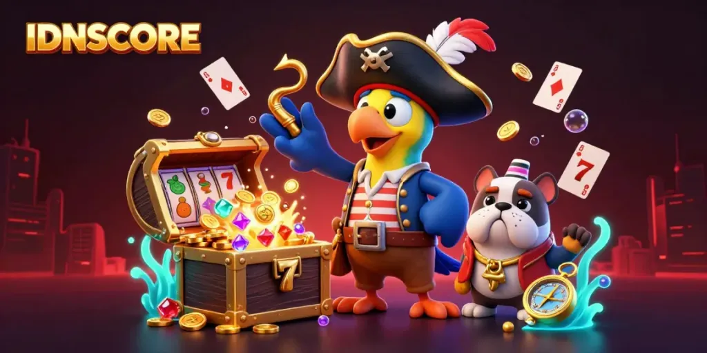 IDNSCORE showcases an action-packed scene with pirate characters amidst slot machine elements and treasures.
