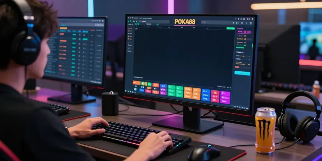 Engaged user accessing the poka88 link login in an exciting online gambling atmosphere.