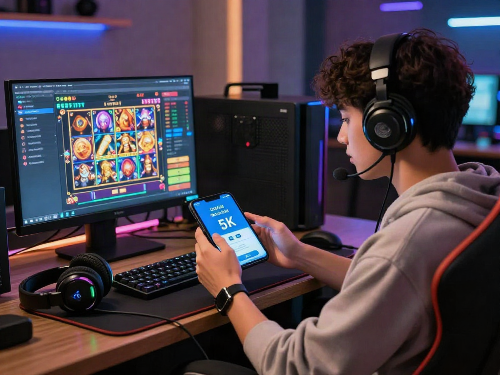 Engaging e-gaming scene showing a young adult making a slot deposit qris 5k payment using a mobile device in a modern gaming lounge.