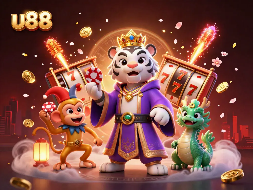 Enjoy exciting gameplay with u88's vibrant 3D casino scene featuring lively characters and spinning slot reels.