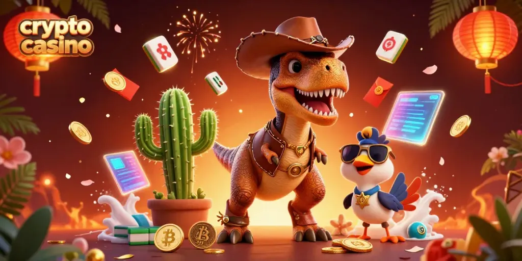 Engage with our vibrant crypto casino scene featuring lively characters and dynamic gaming elements.