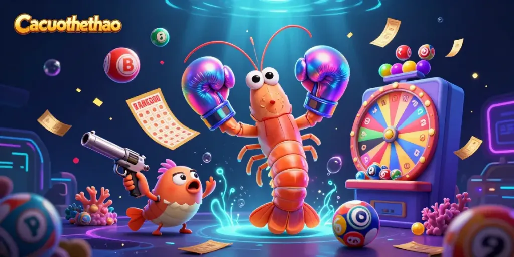 Cacuocthethao showcases a vibrant underwater casino atmosphere with colorful lottery and game elements.