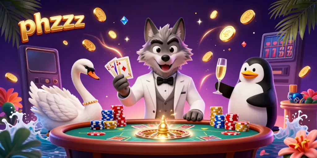 Engage with phzzz at a vibrant casino scene showcasing a debonair wolf and elegant characters.