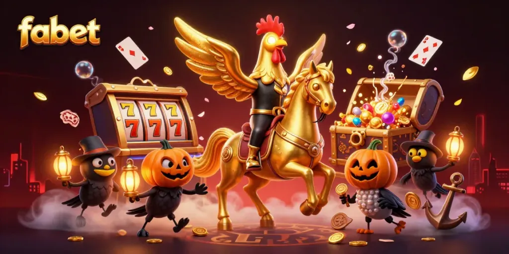 Experience fabet's thrilling casino action with cartoon characters amidst vibrant slots and luxurious treasures.