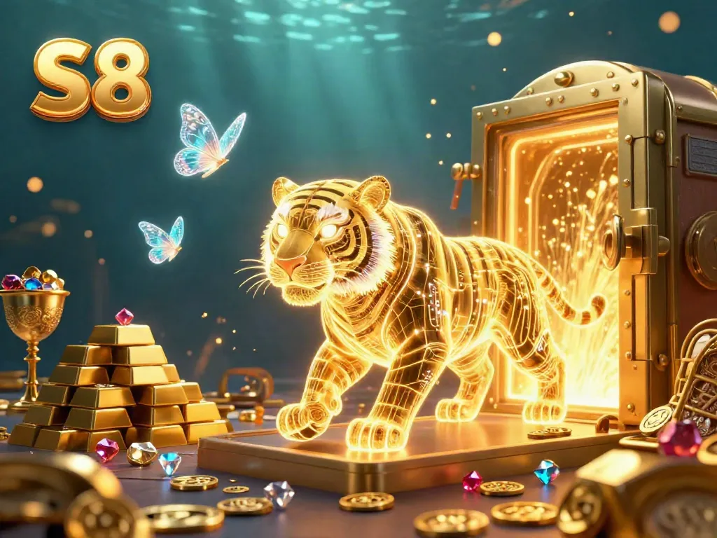 Engage with S8's immersive digital casino environment, featuring the glowing tiger and treasure elements.