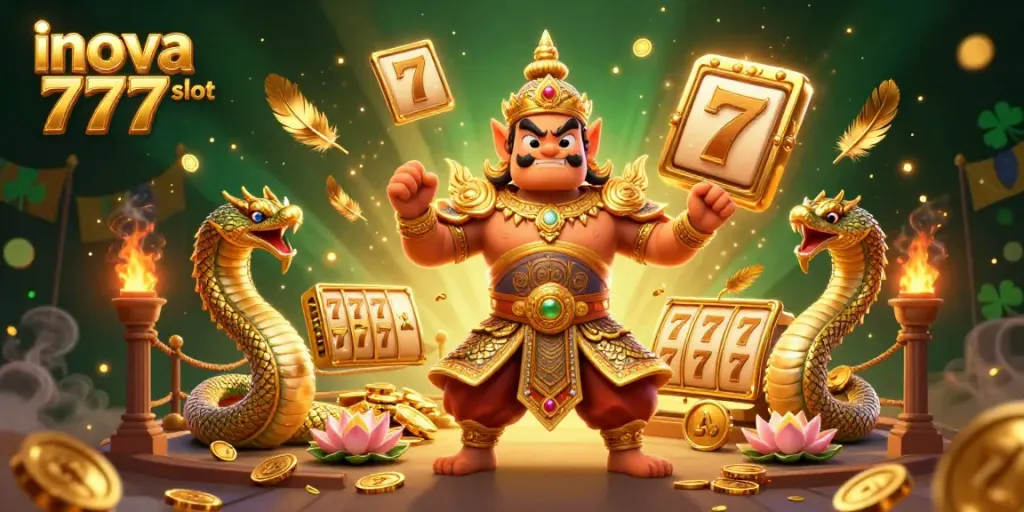 Engage with the vibrant inova 777 slot experience through this detailed digital illustration showcasing dynamic themes and playful characters.