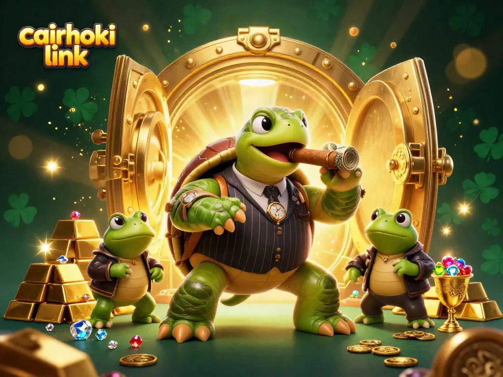 Gambarkan cairhoki link dengan penyu besar memakai jas mobster dan berondong beruang di kasino yang mewah.