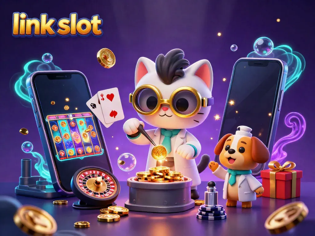 Experience winning with link slot bonuses amidst 3D characters, spinning symbols, and casino elements.