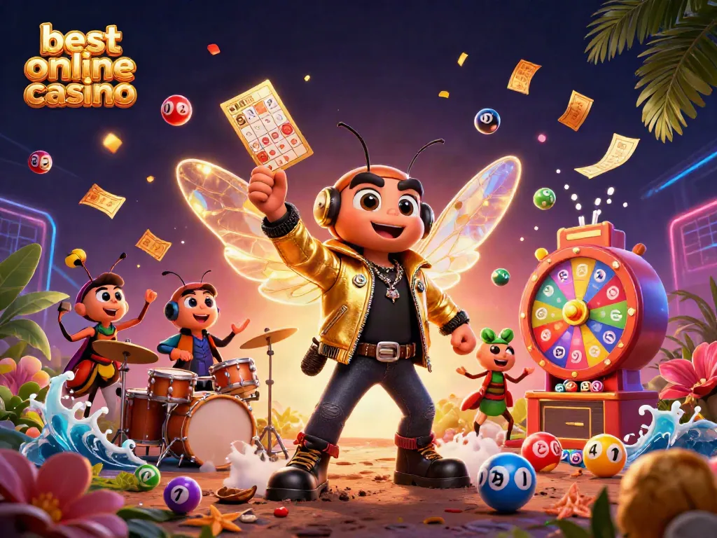 Experience the thrill of the best online casino with a dynamic 3D scene of a cicada rock star and vibrant game elements.