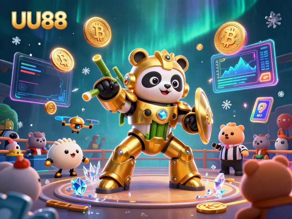 Experience thrilling gambling action with UU88's vibrant casino illustration featuring a mech-suit panda and crypto elements.