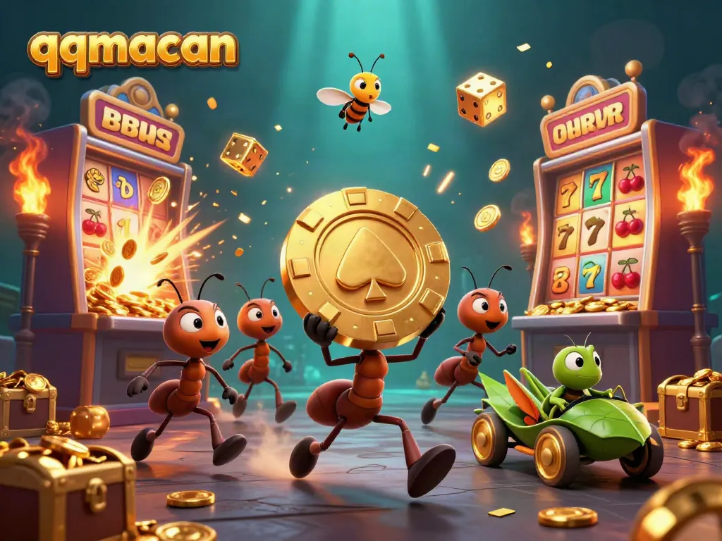 Engage with the thrilling world of qqmacan as cartoon ants execute a heist amid vibrant casino elements.