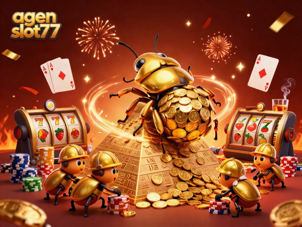Experience excitement with agen slot777 in a vibrant 3D casino scene full of golden coins and slot reels.
