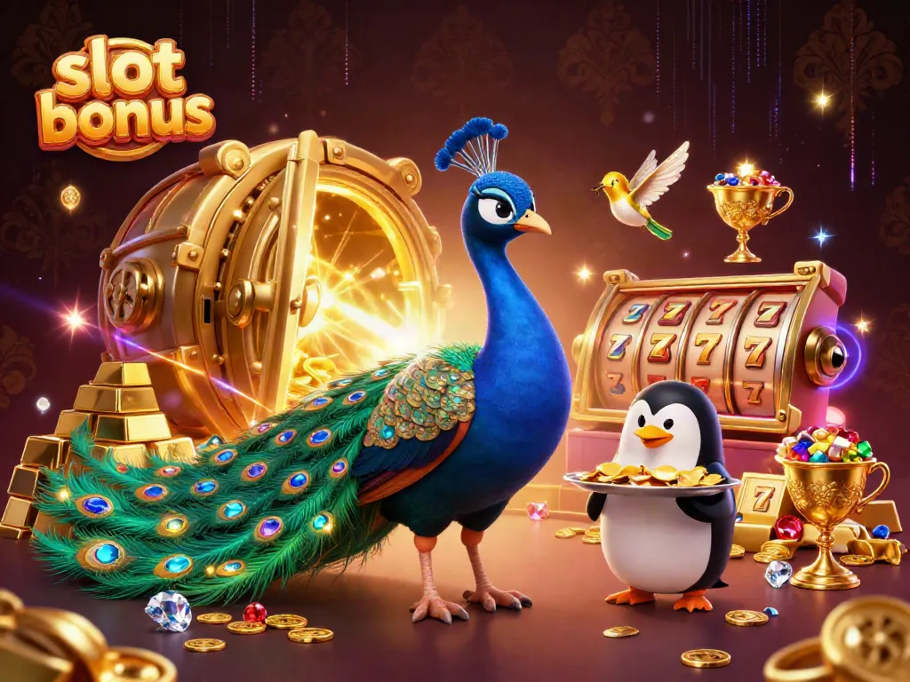 Experience thrilling slot bonus action with vibrant animated characters and dazzling treasure in this 3D casino illustration.
