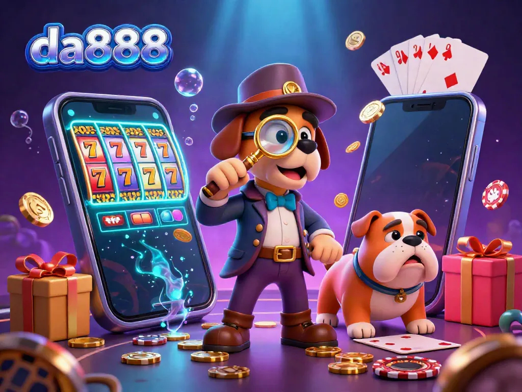 Engage with da888's vibrant gambling scene featuring characters examining clues amid colorful slot games and poker chips.