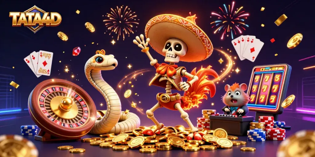 The TATA4D mariachi rooster celebrates among golden coins and gems in a vibrant casino setting.