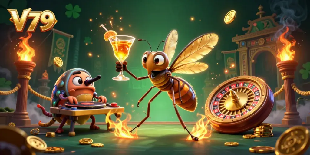V79 showcases a playful casino mascot in a vibrant gaming scene, highlighting excitement and dynamism.