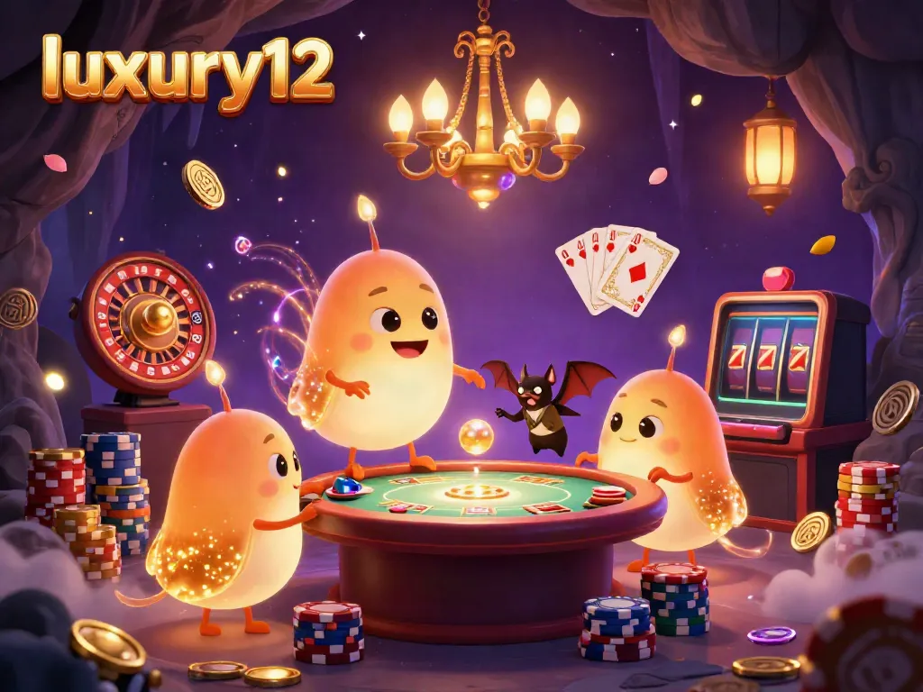 Highlighting luxury12 with a vibrant casino scene featuring cartoon glowworms and a bat dealer amidst exciting gaming elements.
