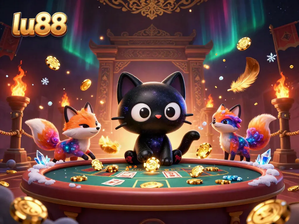 lu88 captures excitement with a cosmic feline at a vibrant casino table, drawing in chips.