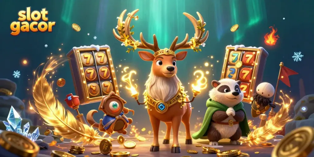 Slot gacor menampilkan ilustrasi kasino dengan karakter yang berinteraksi di latar belakang yang dinamis.