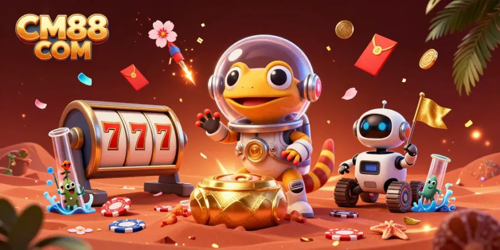 Engage with CM88 COM as a Martian gecko discovers a golden casino amidst vibrant gaming elements.