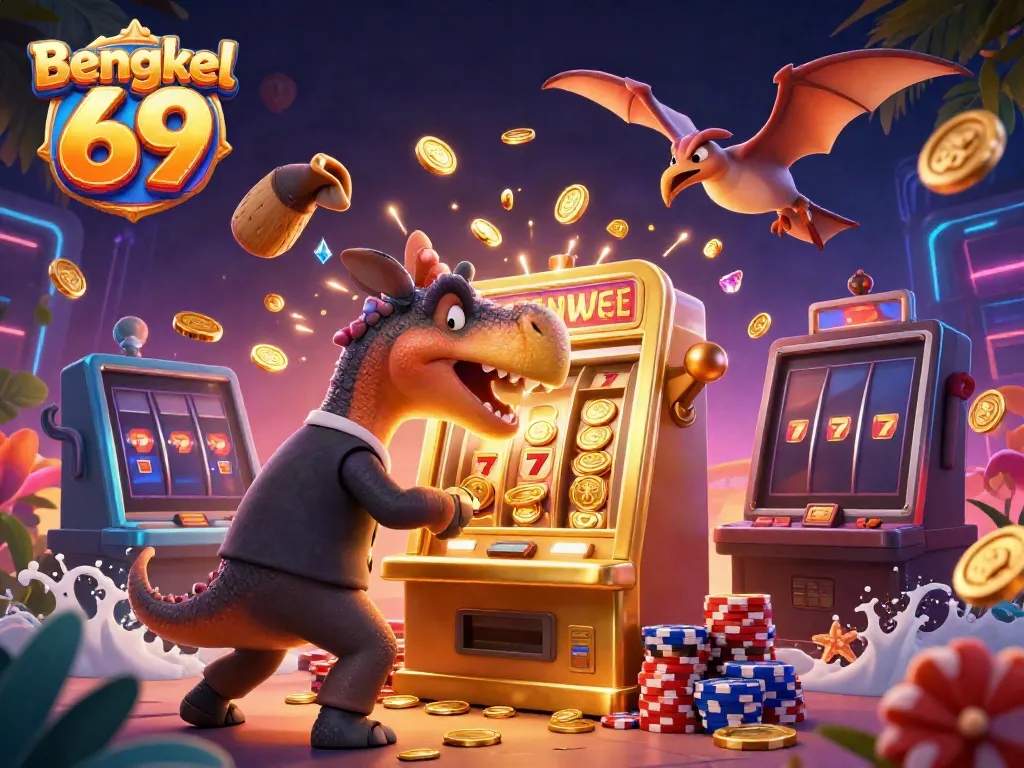 Bengkel 69 features a pachycephalosaurus interacting with a golden slot machine, showcasing a vibrant casino scene.