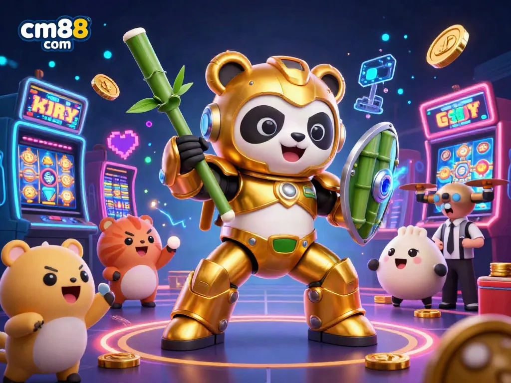 Experience the excitement at cm88 com with a vibrant online casino scene featuring colorful slots and a golden panda hero!