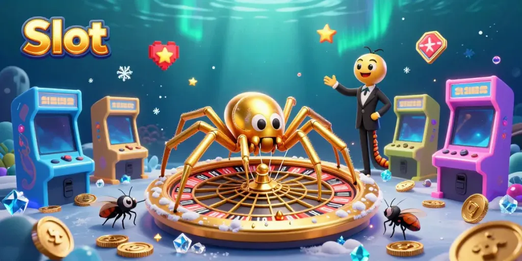 Spin the Slot web in a vibrant 3D illustration featuring a spider, a fly, and a centipede croupier amidst casino elements.