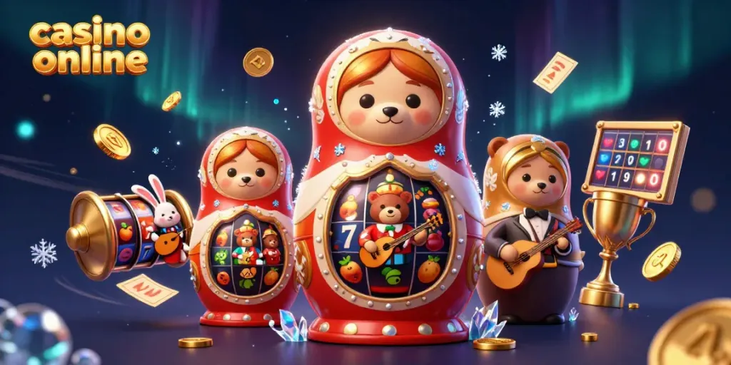 Permainan slot dengan elemen kasino online yang menarik, menampilkan beruang Matryoshka 3D.
