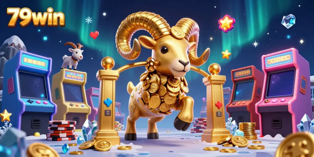 Engage with exciting games at 79win, featuring a golden ram charging through a vibrant casino scene.