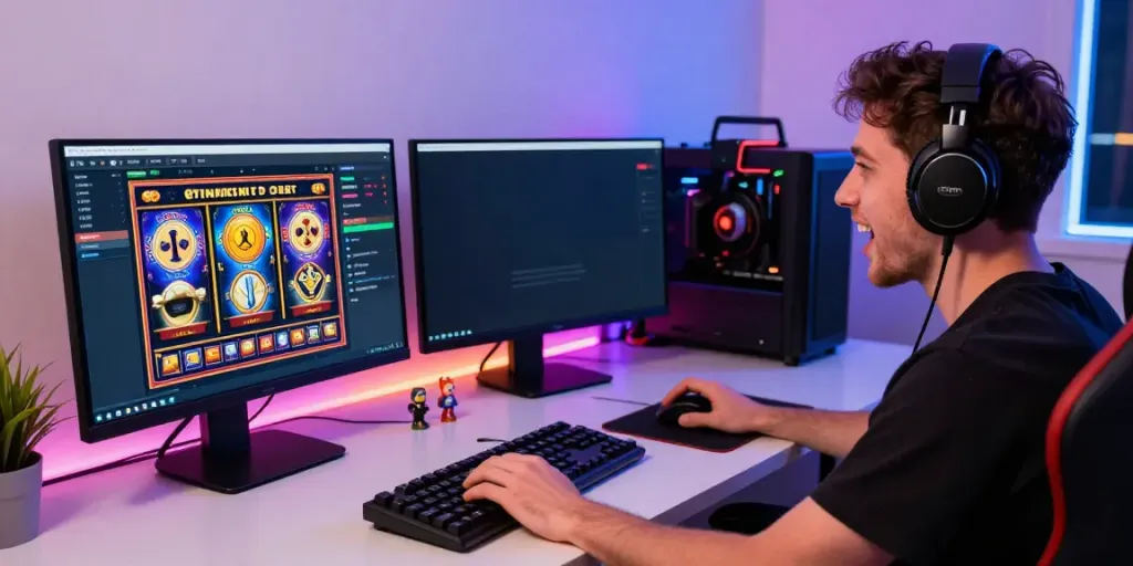 Player enjoying the Bro138 slot gaming experience on high-end dual monitors with vibrant graphics.