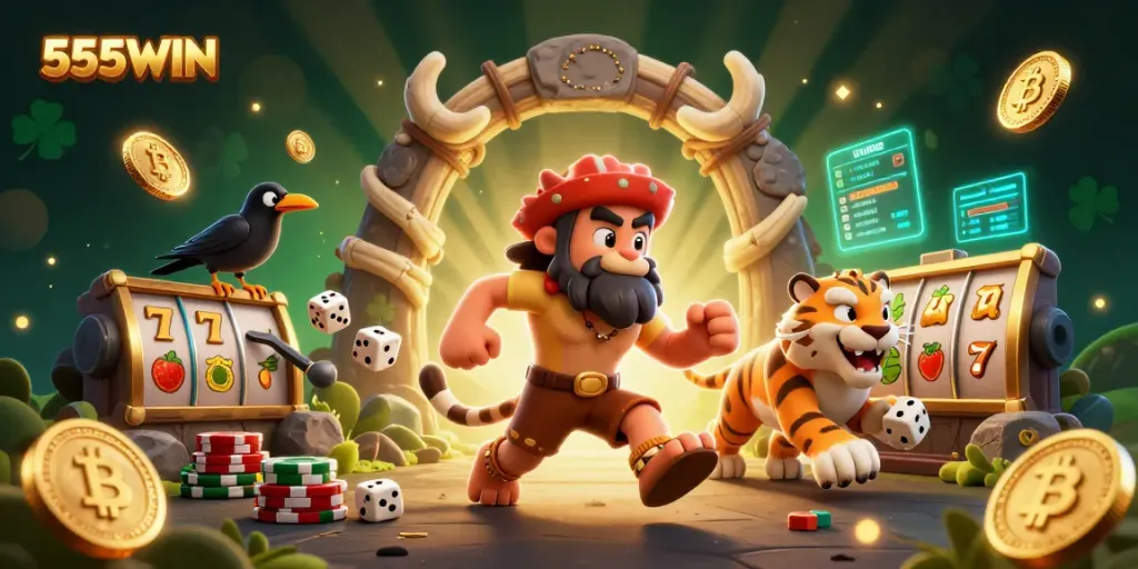 Experience 555WIN with a dynamic 3D scene featuring a caveman and sabertooth tiger in a casino.