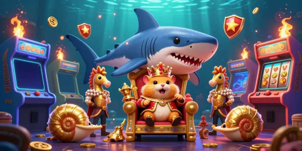 Bermain Toto Macau yang menyenangkan dengan raja hamster emas di atas kursi gigi hiu, dikelilingi oleh simbol slot dan koin emas.