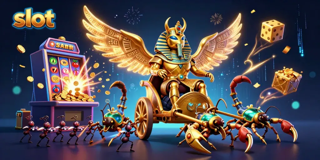 Spin the slot with a vibrant casino scene featuring a scarab beetle and scorpions.