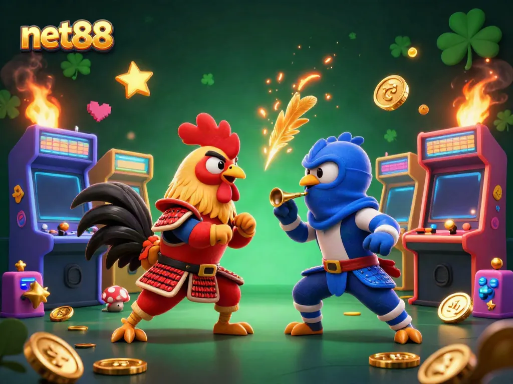 Experience the thrill of net88 with dynamic fighting roosters in a vibrant casino scene.