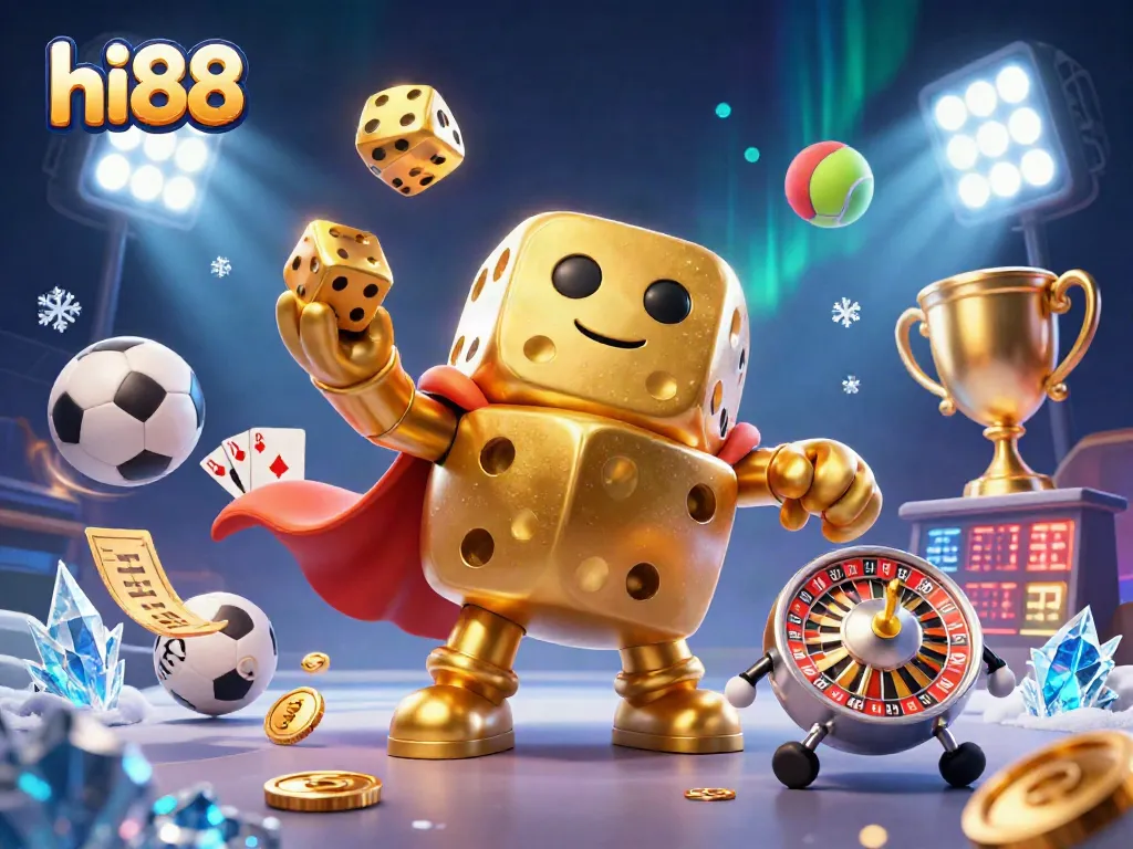 Engage with hi88's dynamic casino atmosphere illustrated through playful golden dice and sports elements.