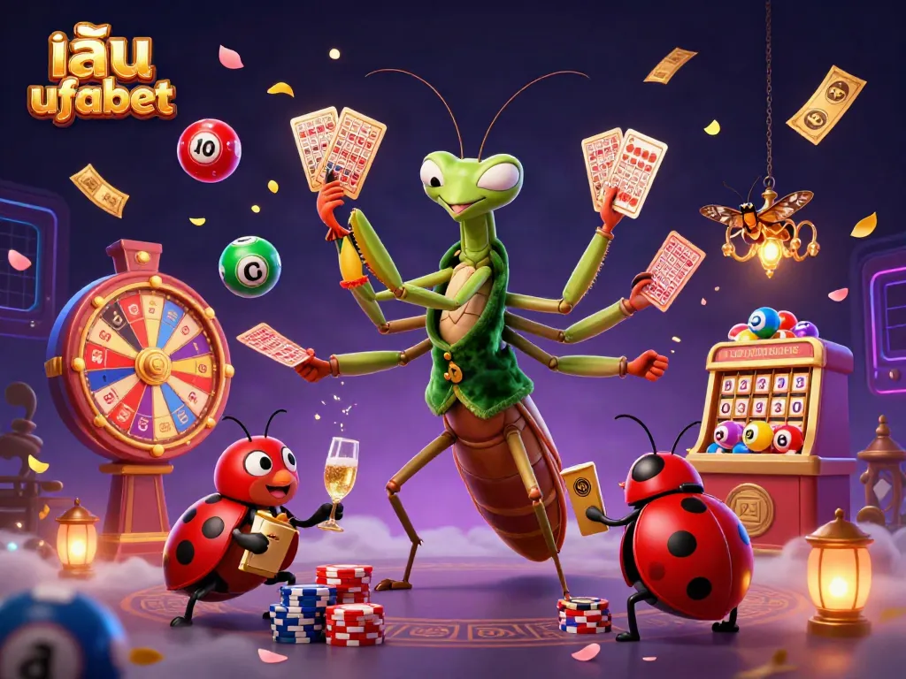 Play ufabet with thrilling games as a cartoon mantis deals cards and a ladybug oversees action.