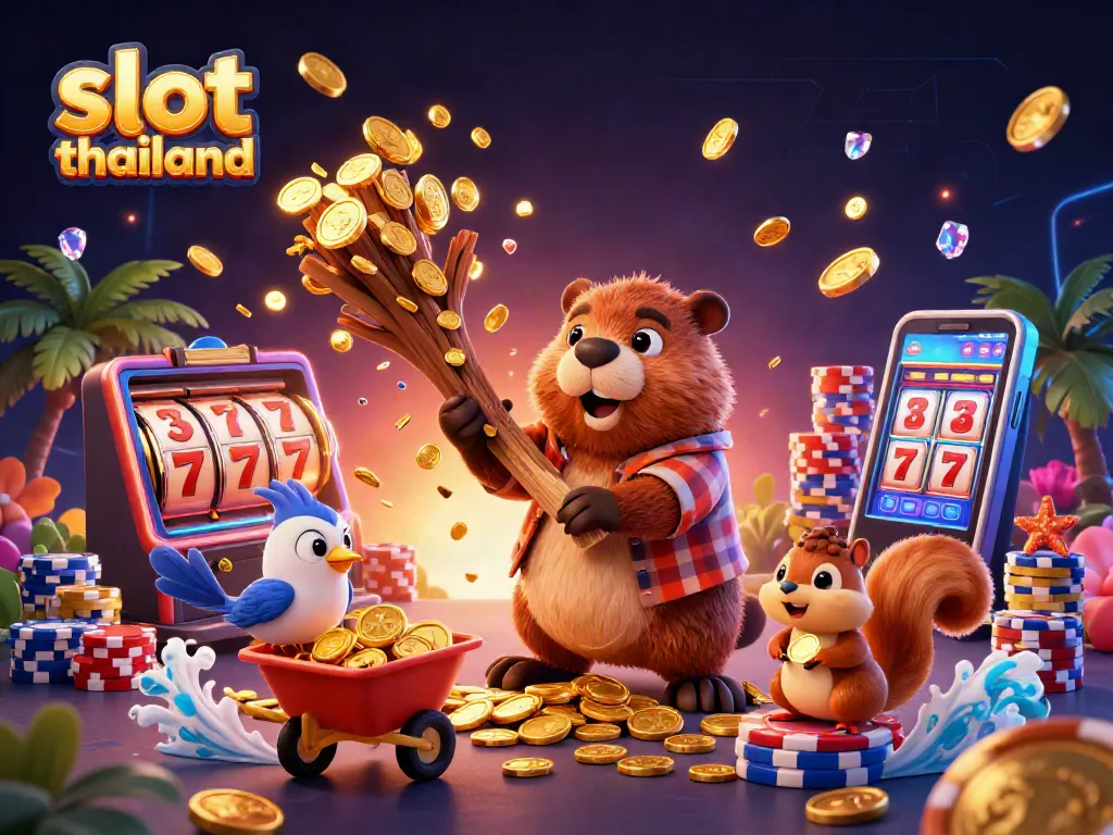 Spin the reels in slot thailand with vibrant casino characters amidst cascading golden coins.