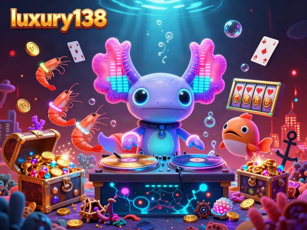 Experience luxury138 with a vibrant casino scene featuring slot reels, gold coins, and energetic 3D characters.