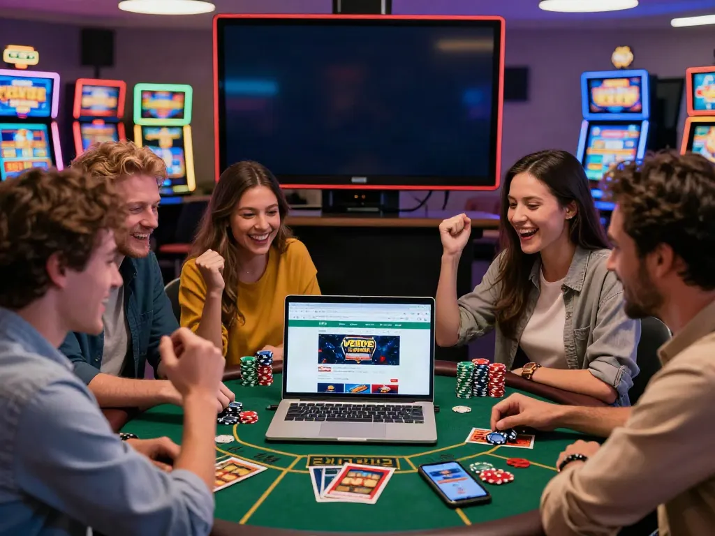 Freunde feiern ihre Gewinne im Verde Casino mit Laptops und Spielautomaten.