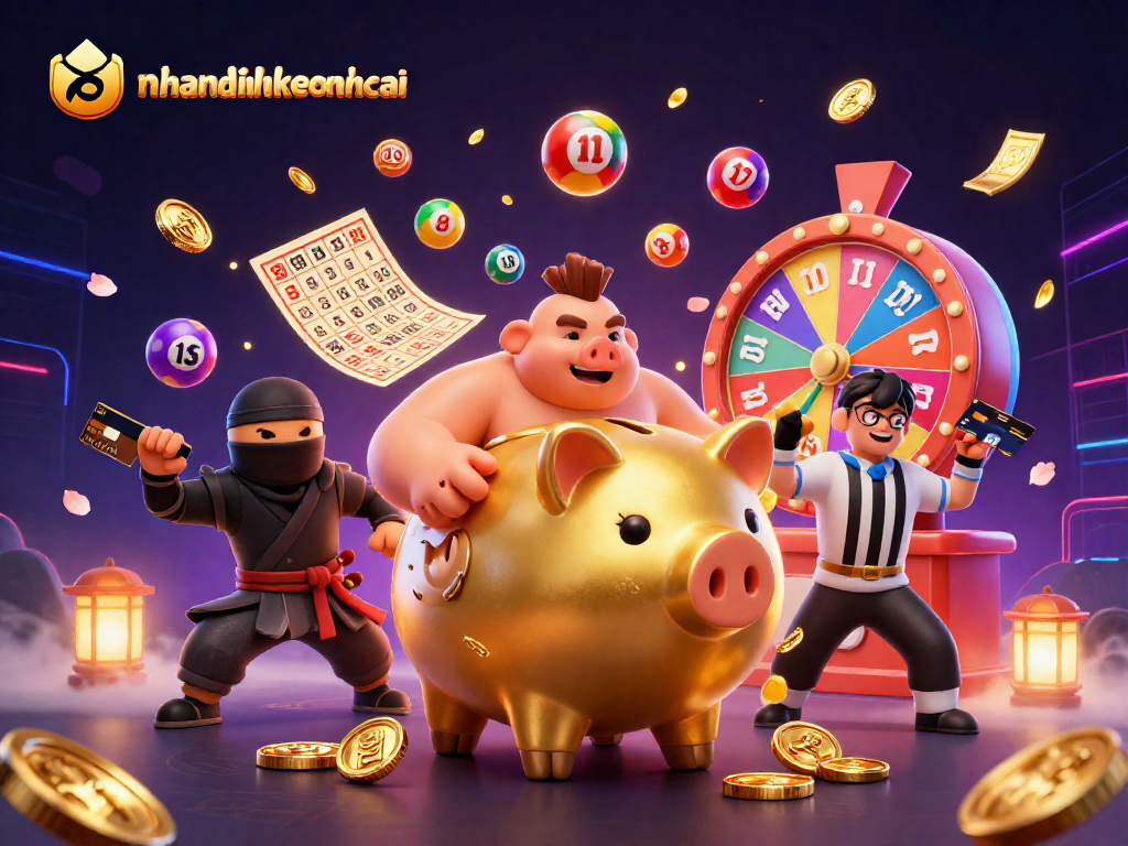 Engage with the nhandinhkeonhacai scene featuring a golden piggy bank sumo wrestler amidst vibrant lottery and gaming elements.