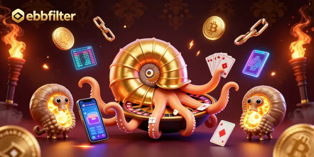 Play poker with ebbfilter in this dynamic illustration of a nautilus holding cards and crypto coins.