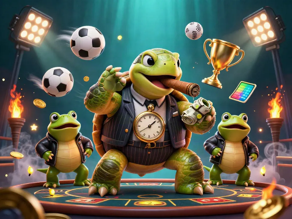 Experience thrilling wins at uy88 with a 3D cartoon illustration of a mobster turtle surrounded by sports and casino symbols.