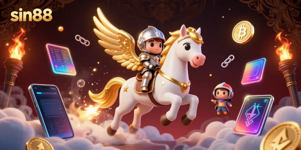 Experience thrilling gameplay at sin88 with a celestial knight and golden horse in a luxurious casino illustration.