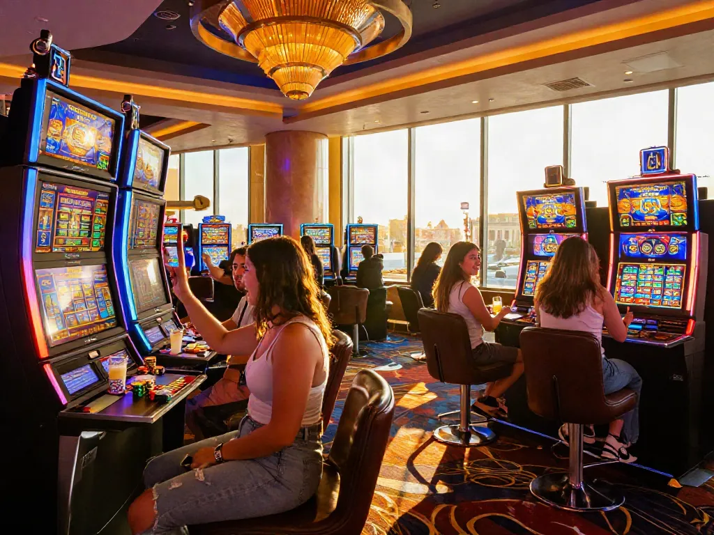 Lucky777 players celebrating a big win in a vibrant casino scene.