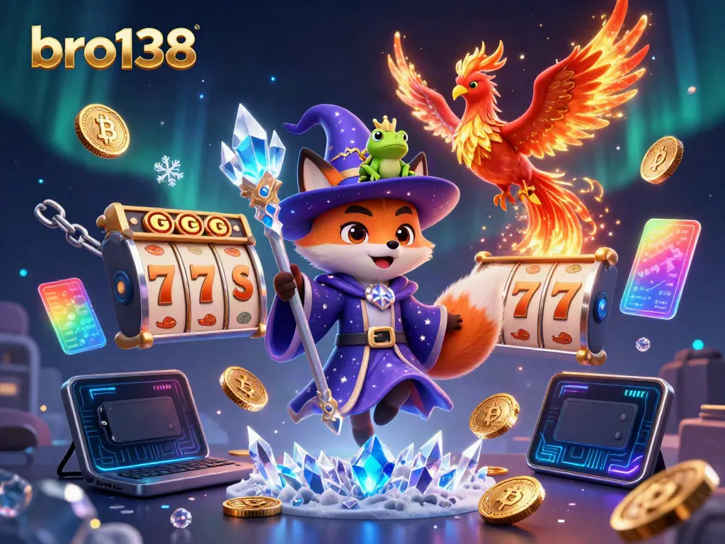 Engage in magical gaming at bro138 with a mystical fox wizard, phoenix, and vibrant slot elements.