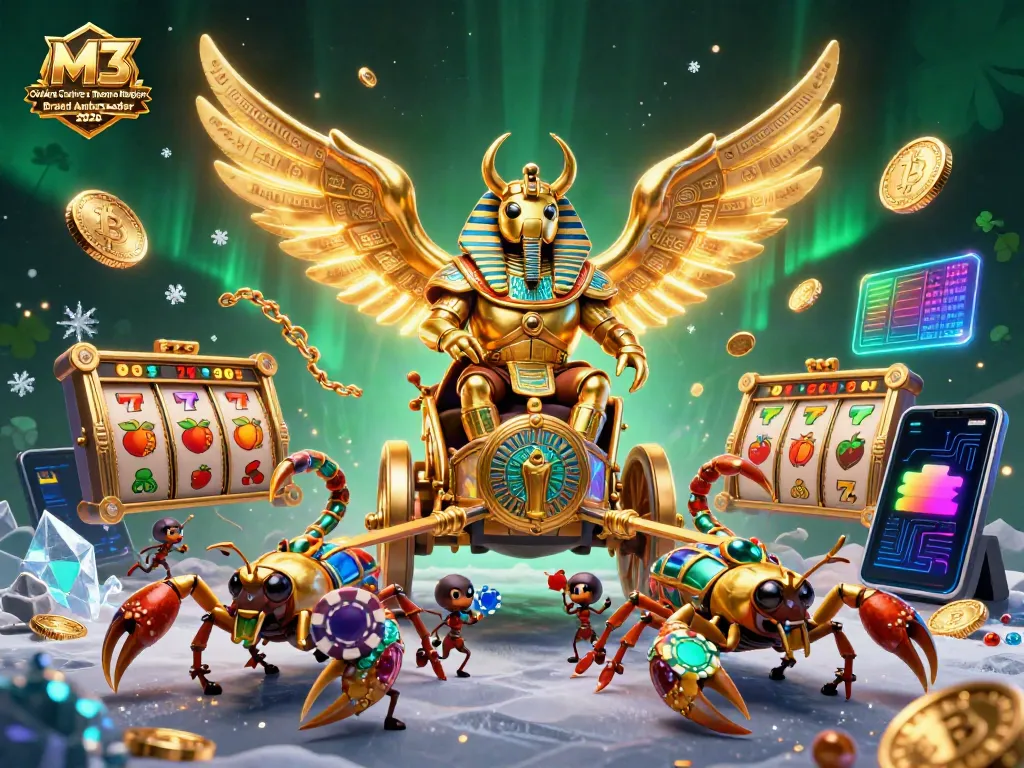 Play slots with the M3 Online Casino x Roman Reigns Brand Ambassador 2026 illustration featuring a powerful golden scarab and rich casino elements.