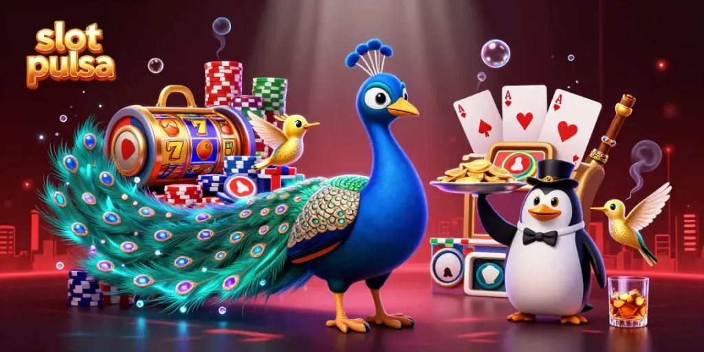 Engage with slot pulsa in this vibrant 3D scene featuring a peacock and casino elements, highlighting exciting gameplay.
