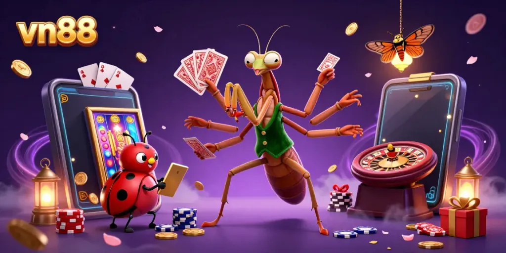 Engage with vn88's vibrant casino atmosphere, featuring animated gambling characters and thrilling game elements.